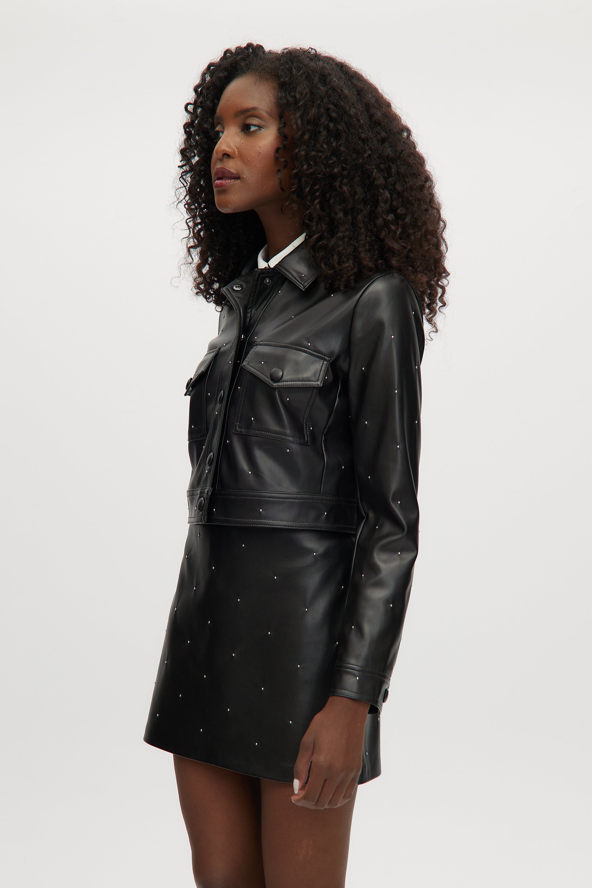 BLACK STUDDED VEGAN LEATHER JACKET