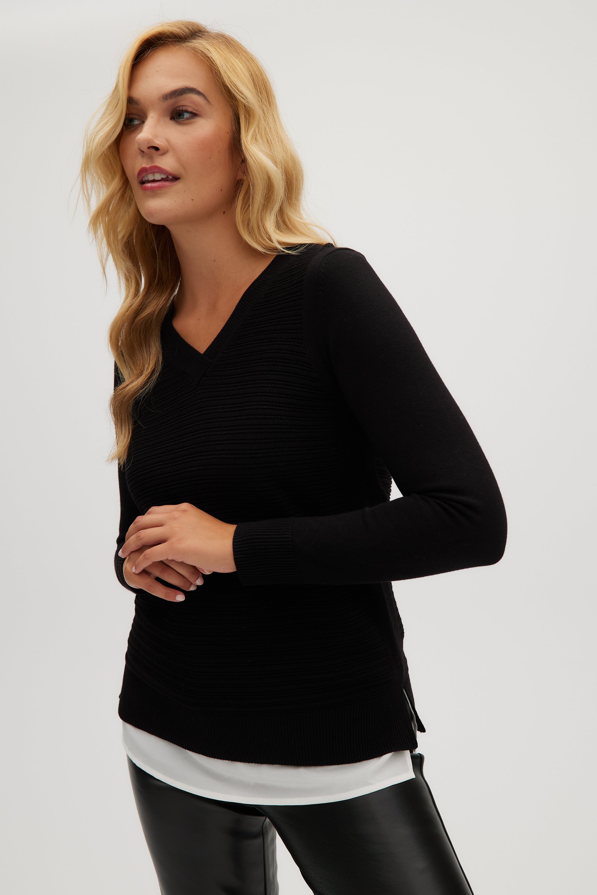 Black V-neck sweater