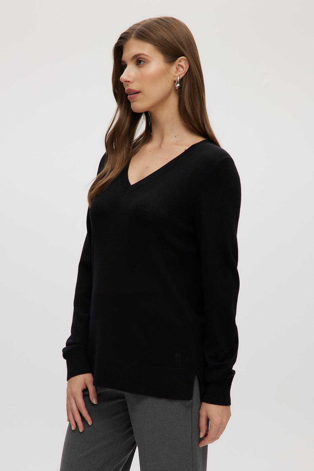 Black Merino wool V-neck sweater