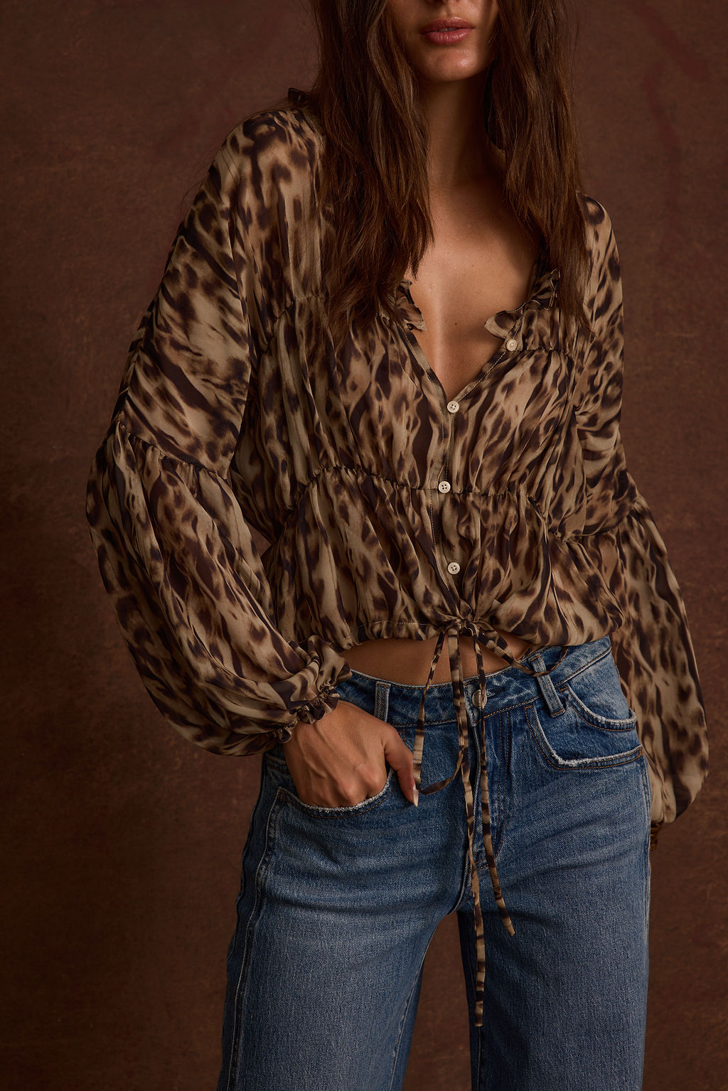 Alba Leopard Chiffon Long Sleeve Blouse
