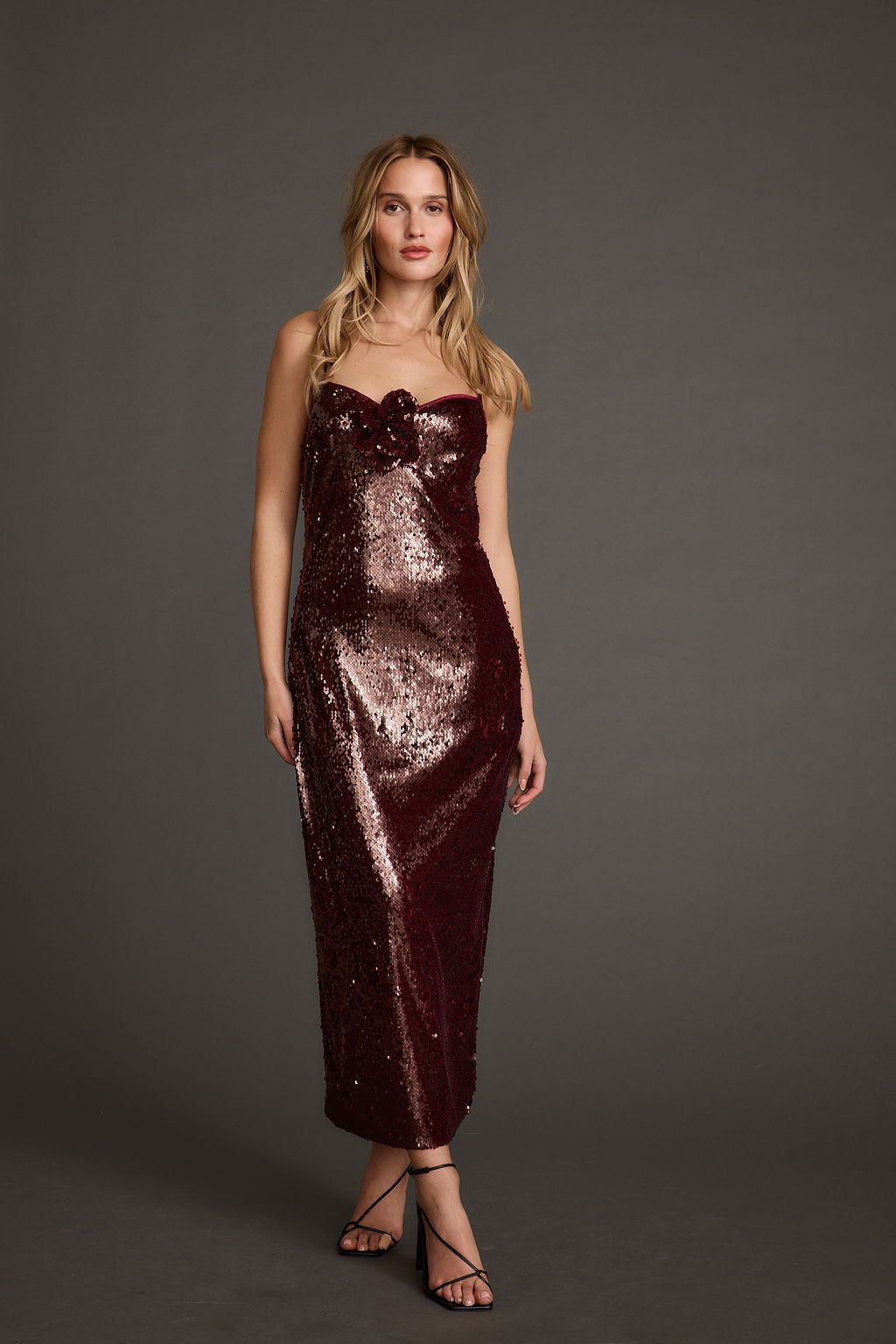 All For You Merlot Sequin Rosette Midi Dress