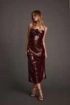All For You Merlot Sequin Rosette Midi Dress