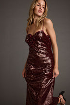 All For You Merlot Sequin Rosette Midi Dress