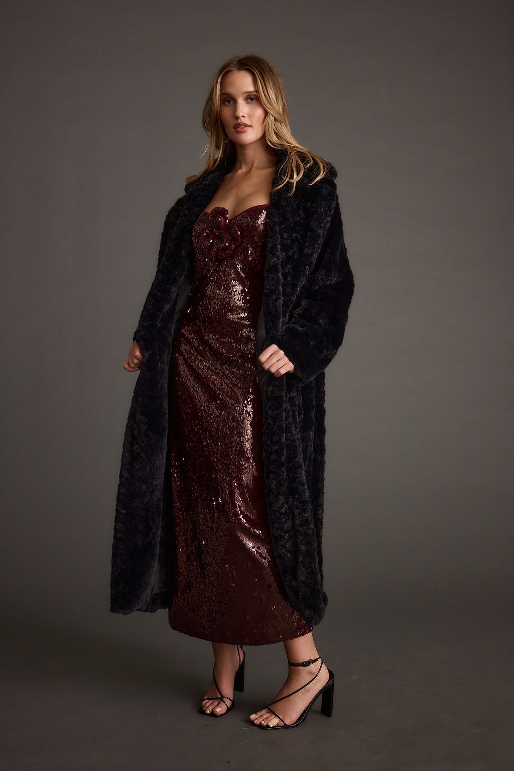 All For You Merlot Sequin Rosette Midi Dress