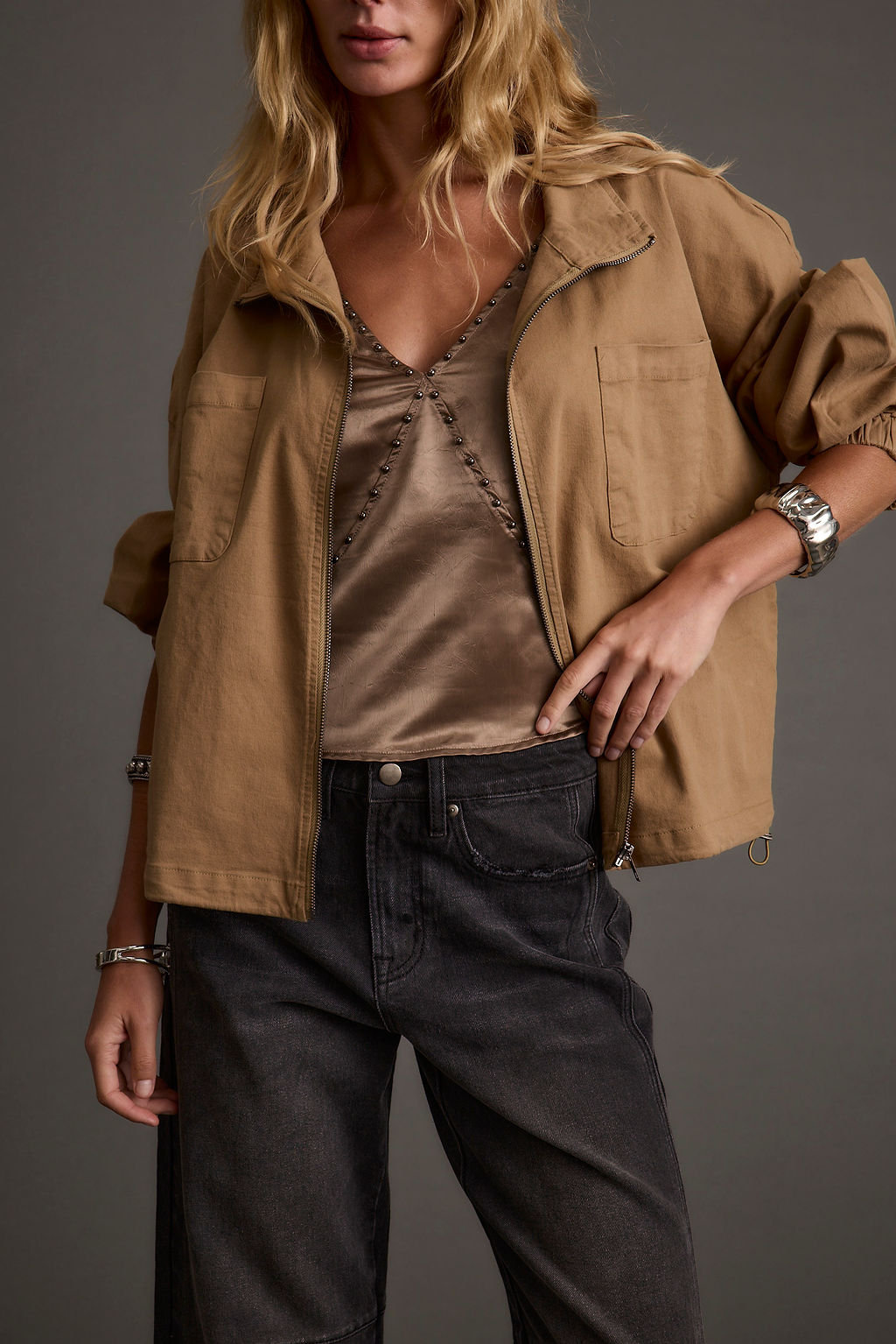 Ashby Taupe Satin Studded Tank Top