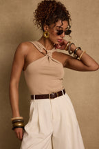 Azula Tan Embellished Halter Top
