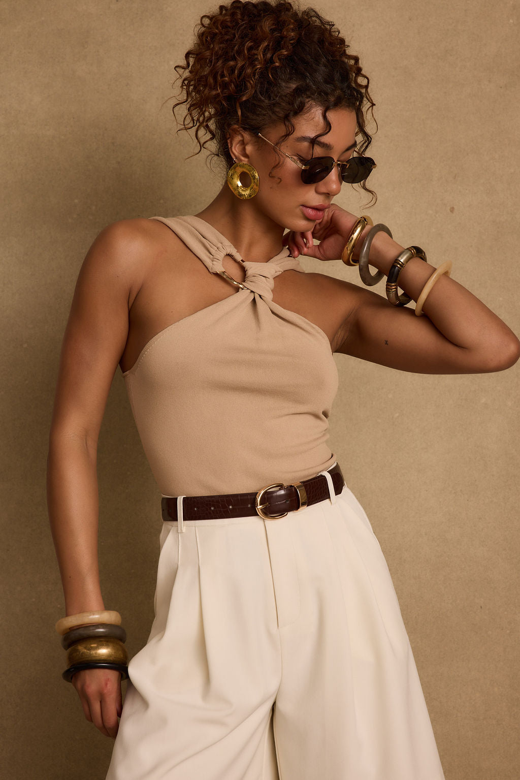 Azula Tan Embellished Halter Top