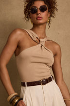 Azula Tan Embellished Halter Top