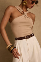 Azula Tan Embellished Halter Top