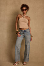 Azula Tan Embellished Halter Top