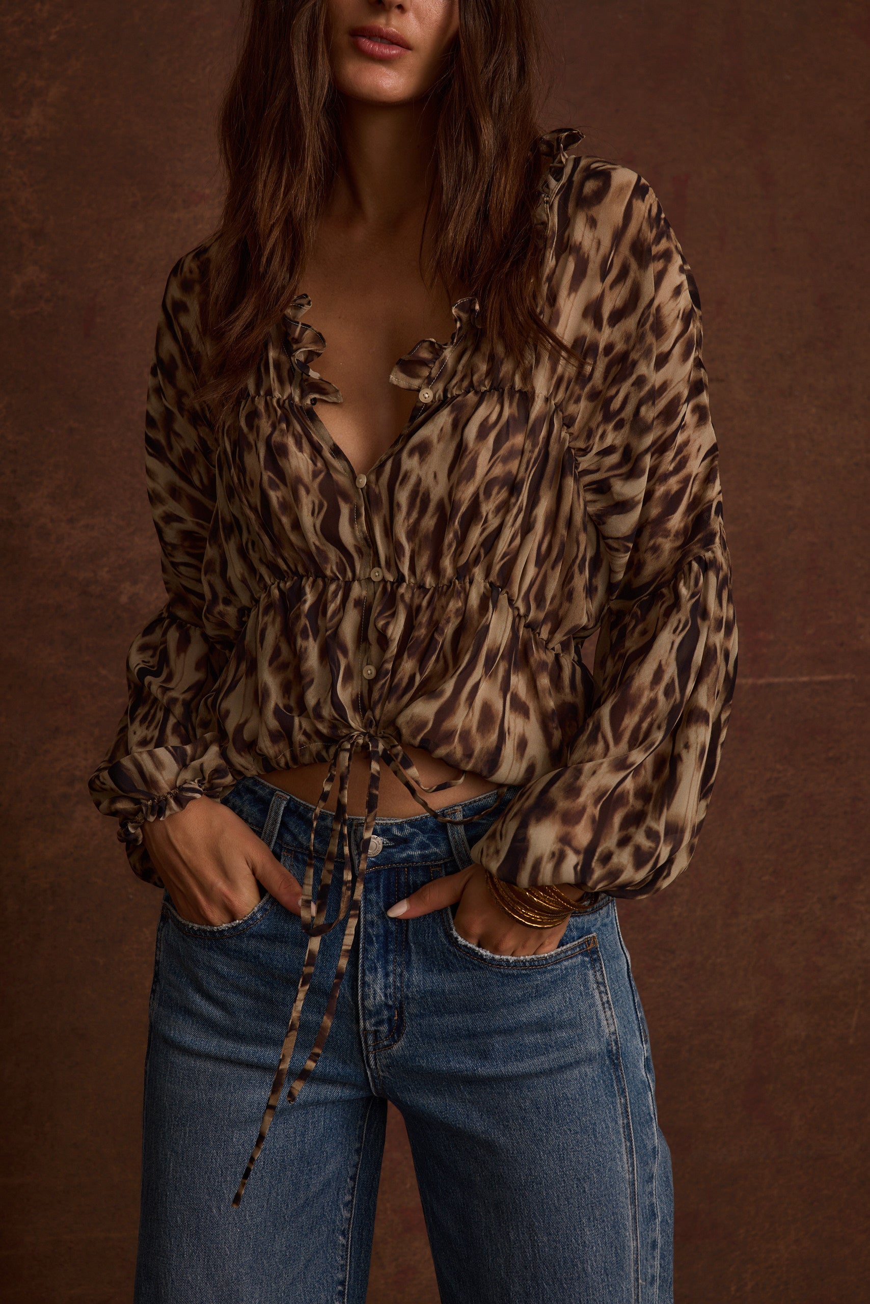 Alba Leopard Chiffon Long Sleeve Blouse