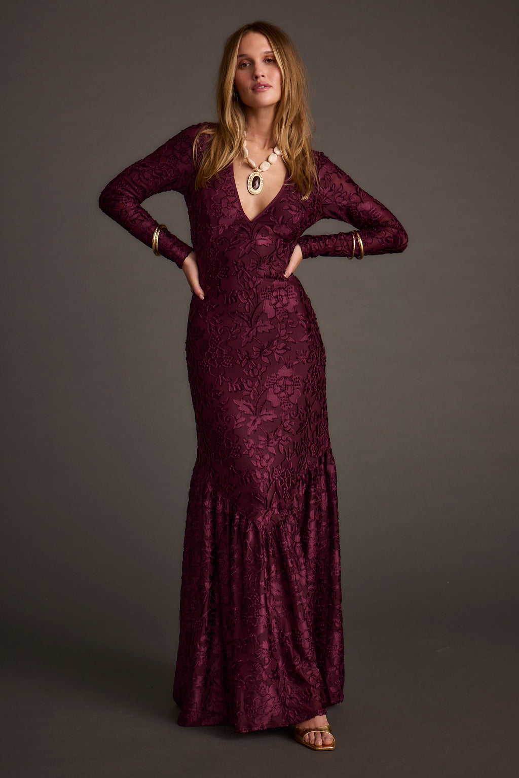 Angela Mulberry Velvet Burnout Long Sleeve Maxi Dress