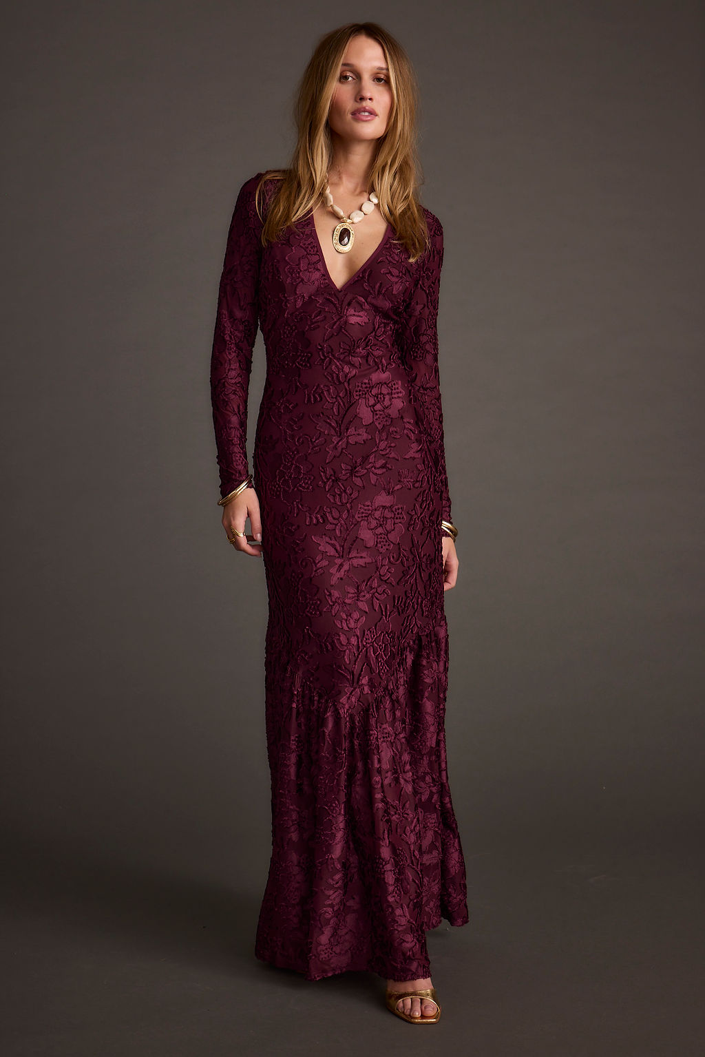 Angela Mulberry Velvet Burnout Long Sleeve Maxi Dress