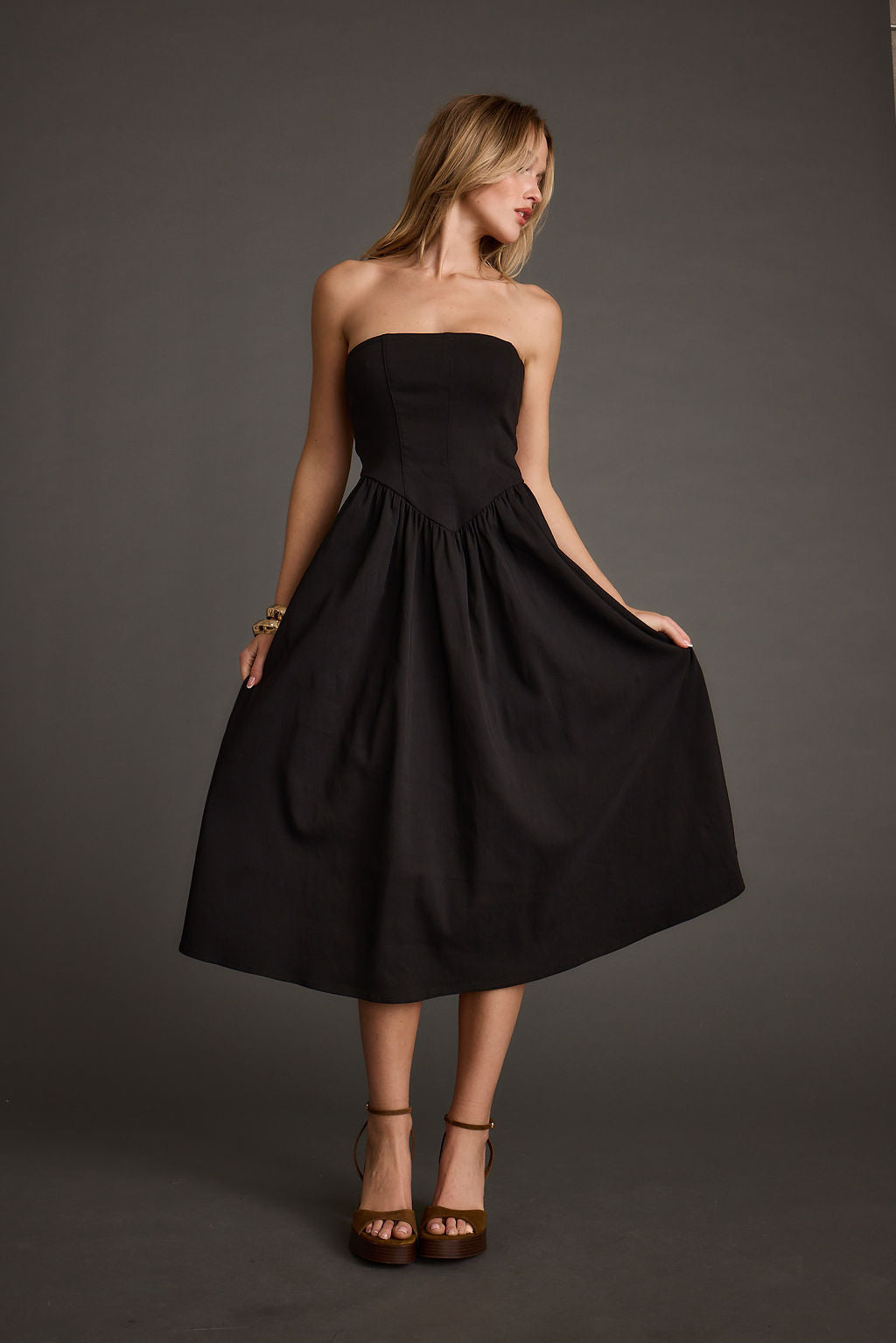 Blaire Strapless Drop Waist Midi Dress