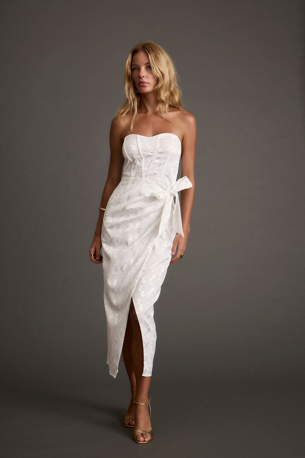 Brighton White Strapless Satin Wrap Dress
