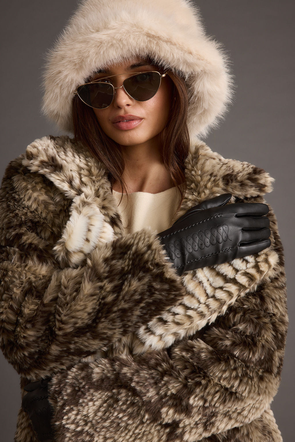 Bucket Down Cream Faux Fur Hat