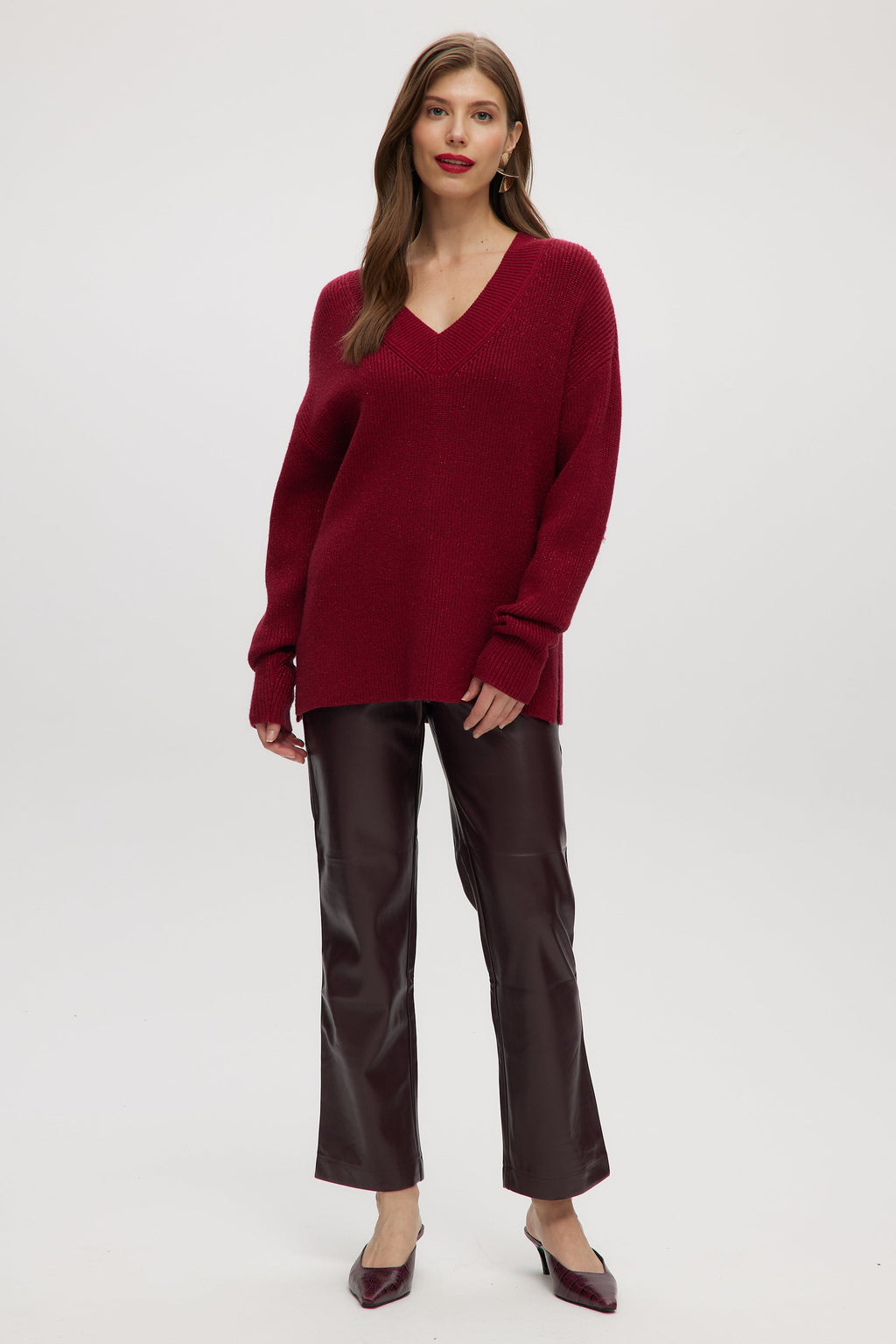RED  V-NECK DROP SHOULDER SWEATER