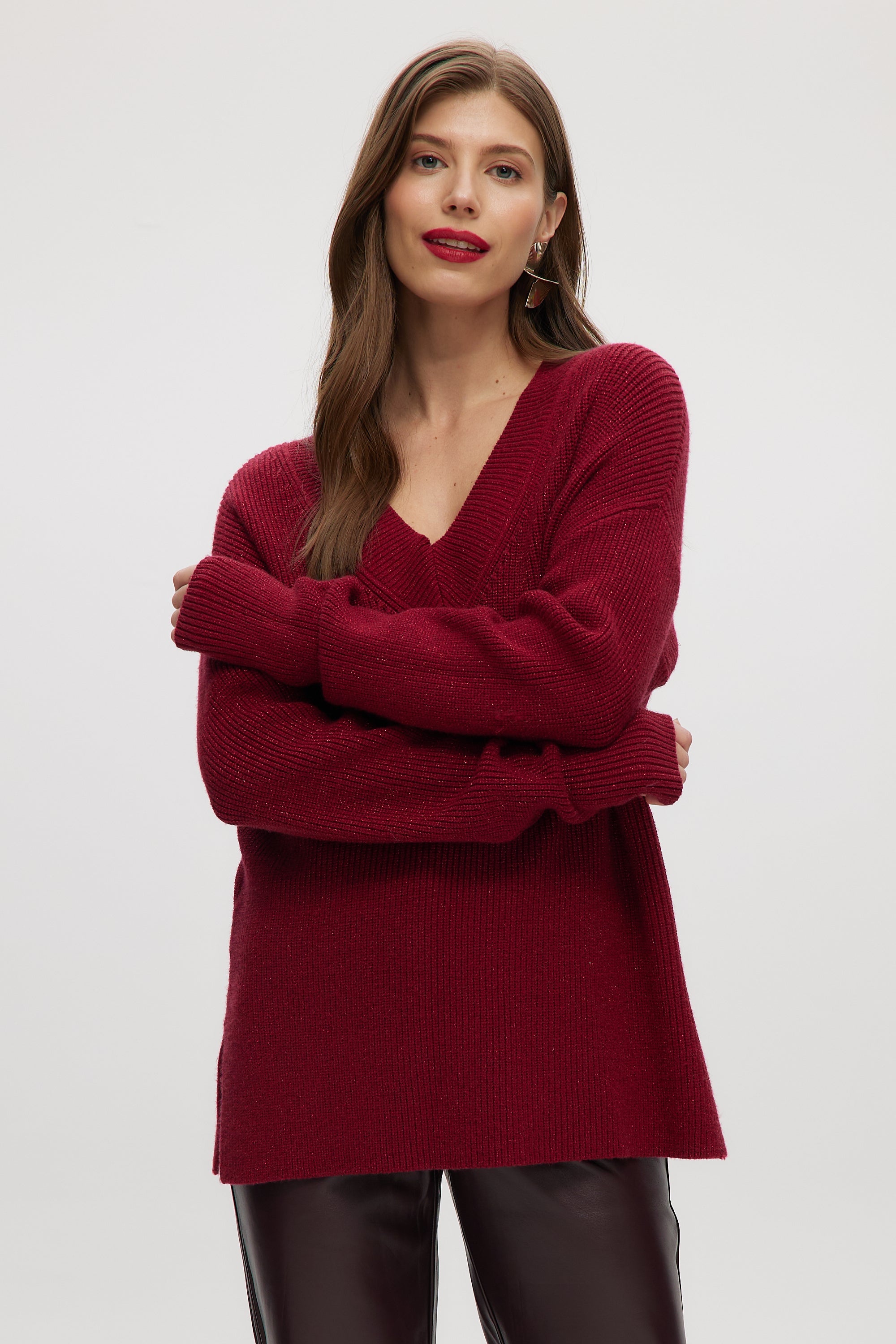 RED  V-NECK DROP SHOULDER SWEATER