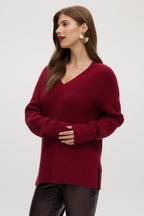 RED  V-NECK DROP SHOULDER SWEATER