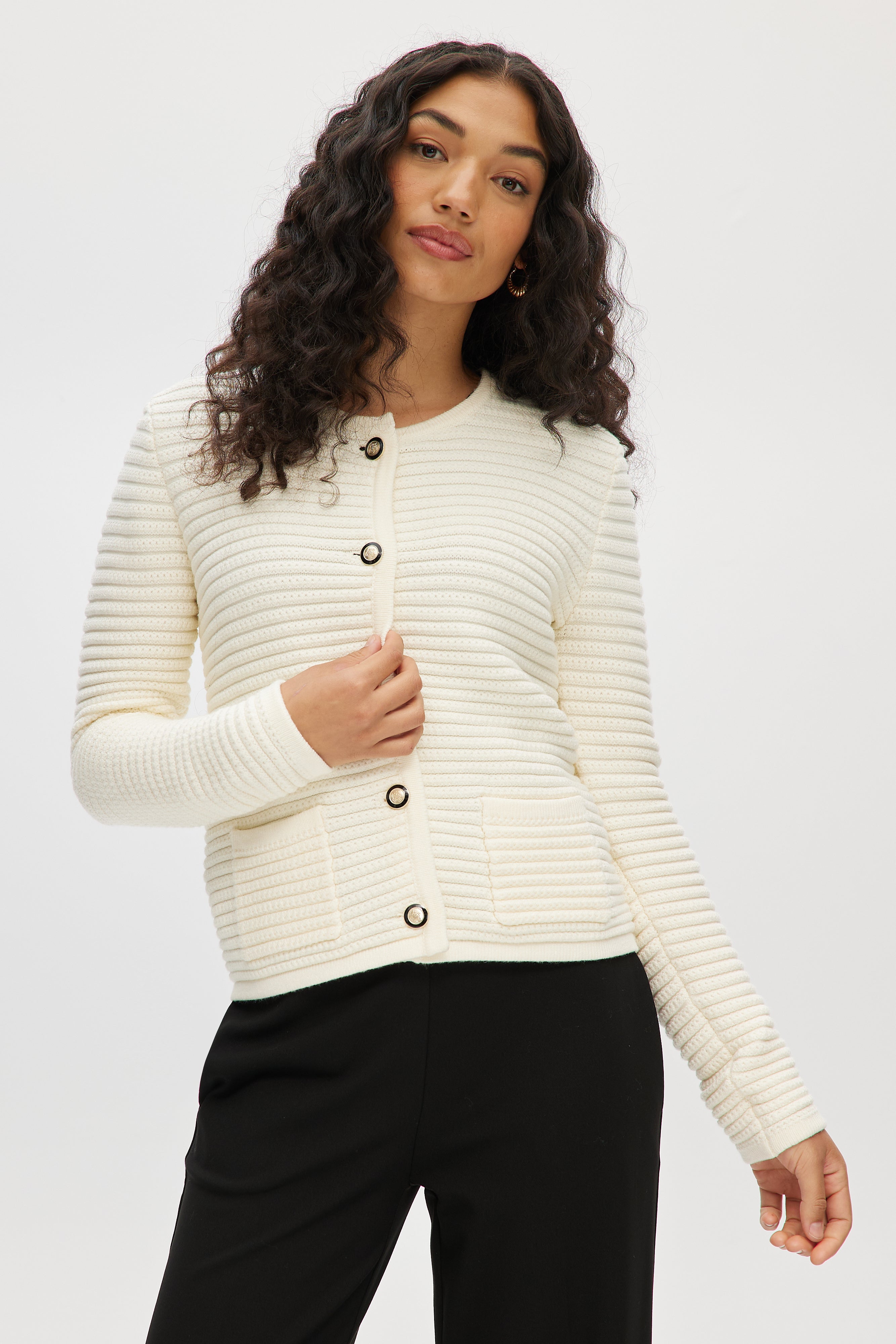 IVORY CREW NECK KNITTED CARDIGAN