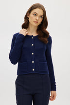 NAVY CREW NECK KNITTED CARDIGAN