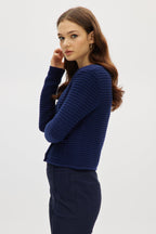 NAVY CREW NECK KNITTED CARDIGAN