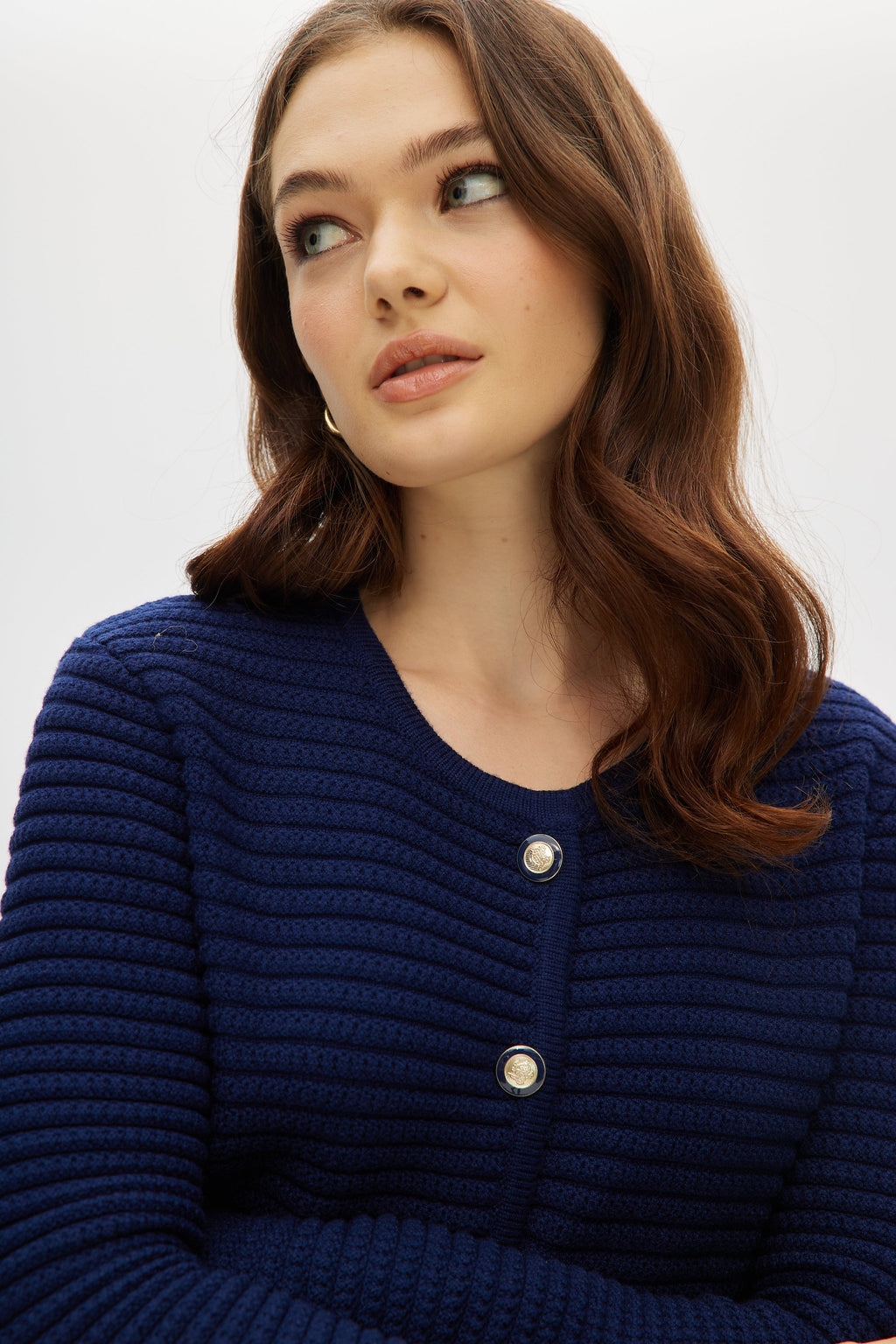 NAVY CREW NECK KNITTED CARDIGAN