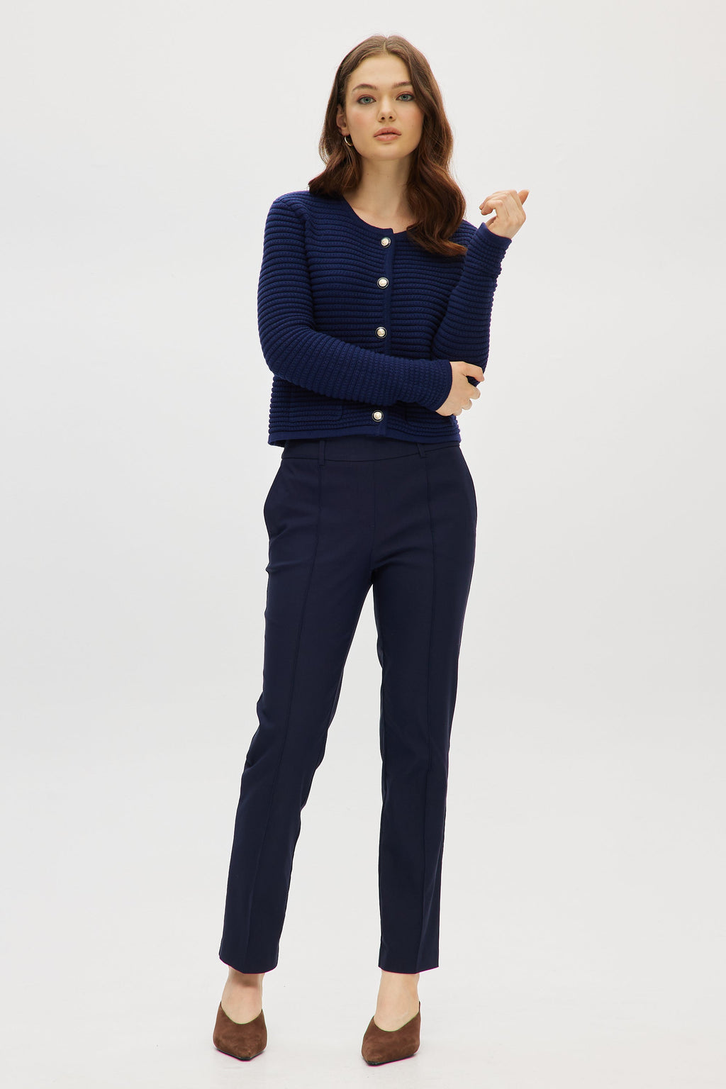 NAVY CREW NECK KNITTED CARDIGAN