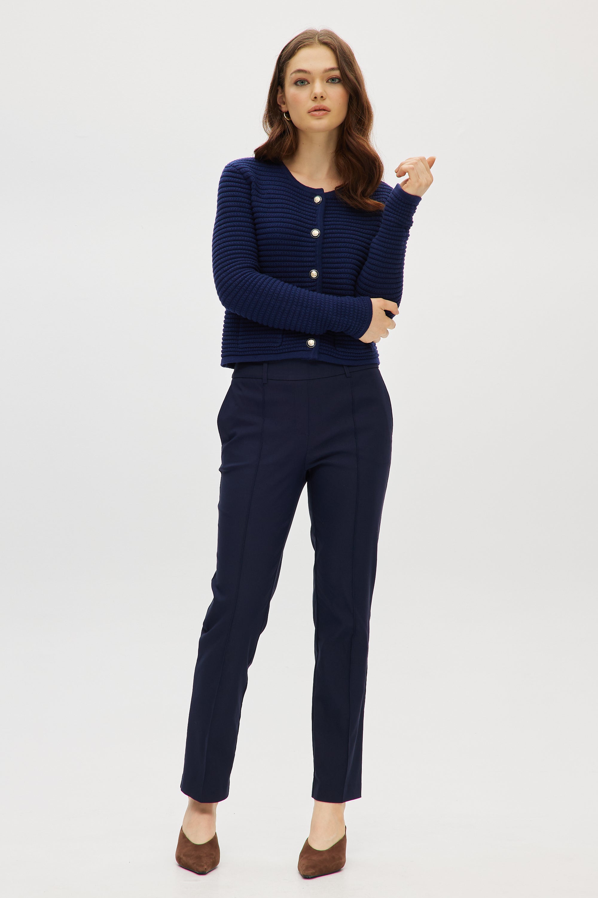 NAVY CREW NECK KNITTED CARDIGAN