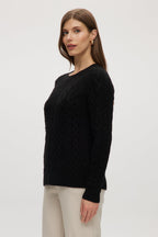 BLACK CABLE KNIT CREW NECK SWEATER