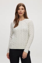 WHITE CABLE KNIT CREW NECK SWEATER