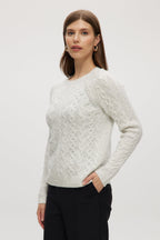 WHITE CABLE KNIT CREW NECK SWEATER