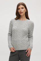 LIGHT GREY CABLE KNIT CREW NECK SWEATER