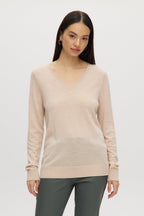 HEATHER SAND MERINO WOOL V-NECK SWEATER