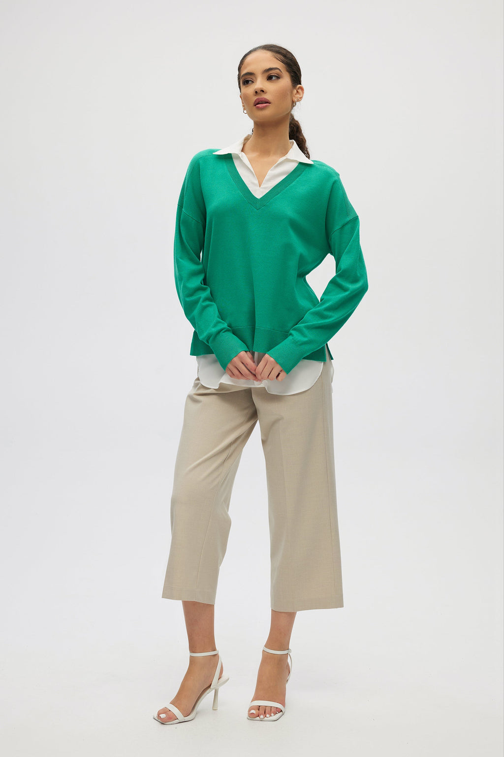 Green V-neck Sweater Top Combo