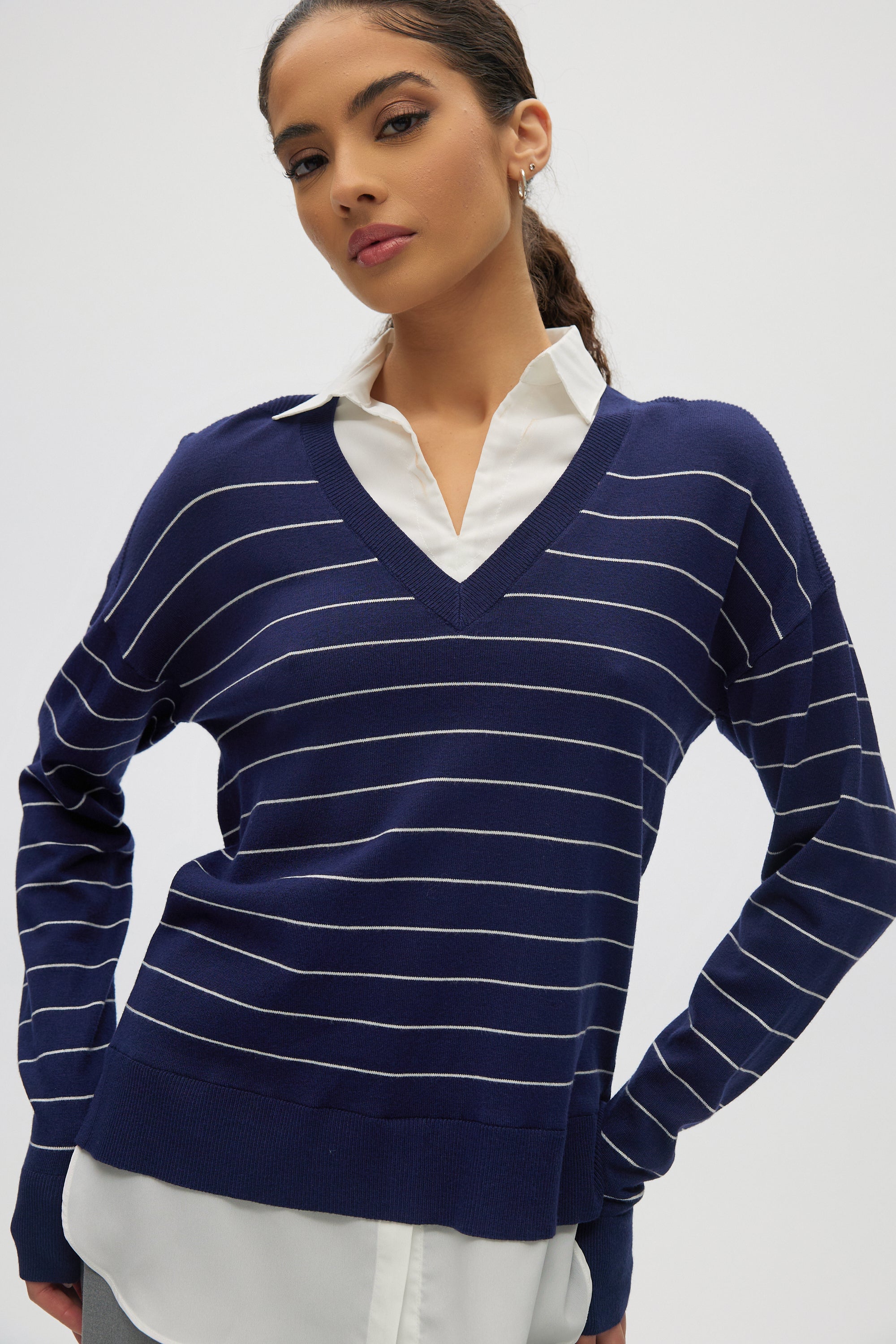 Blue V-neck Sweater Top Combo