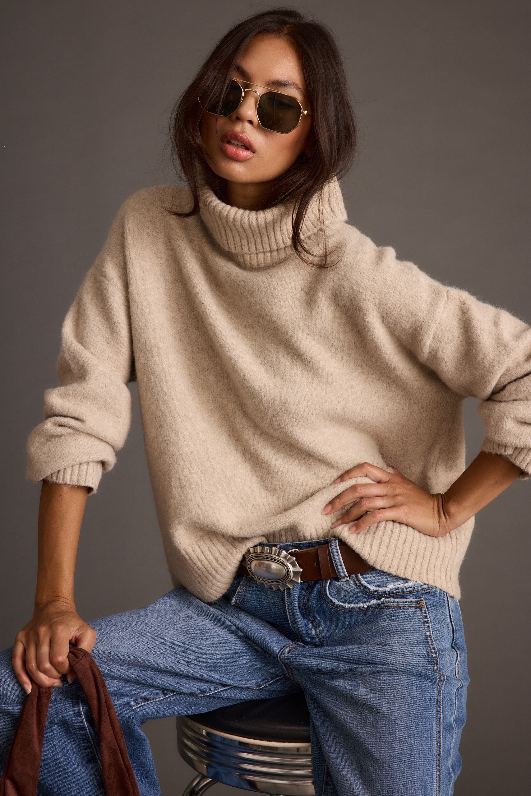 Cedar Oatmeal Oversized Sweater Turtleneck