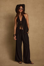 Clear Breeze Black Tie Linen Top