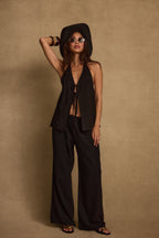 Clear Breeze Black Tie Linen Top