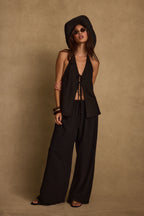 Clear Breeze Black Tie Linen Top