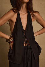 Clear Breeze Black Tie Linen Top
