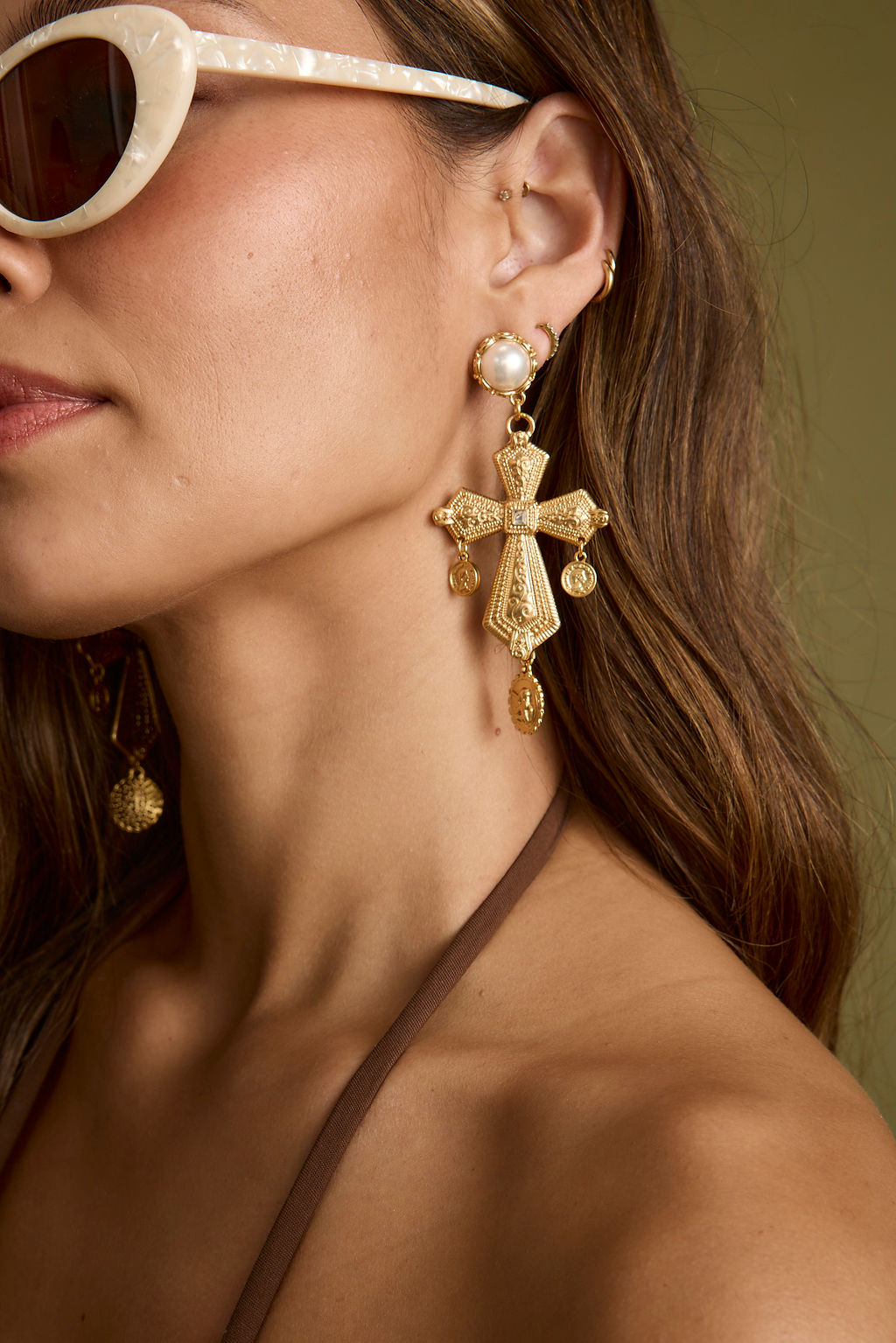 Devoted Gold Cross Pearl Earrings