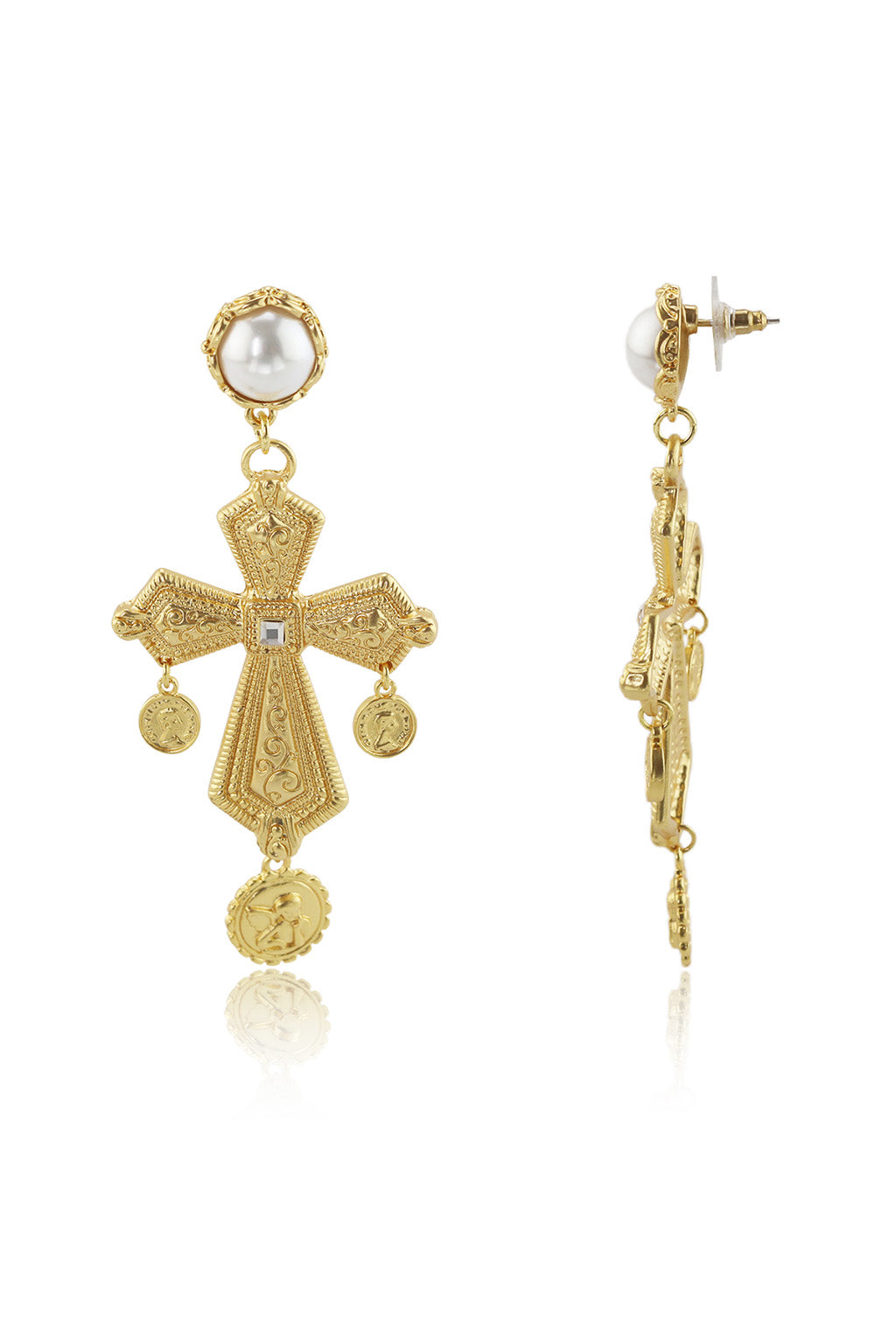Devoted Gold Cross Pearl Earrings