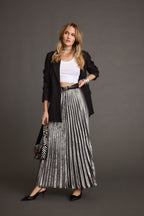 Electric Love Gunmetal Metallic Pleated Maxi Skirt