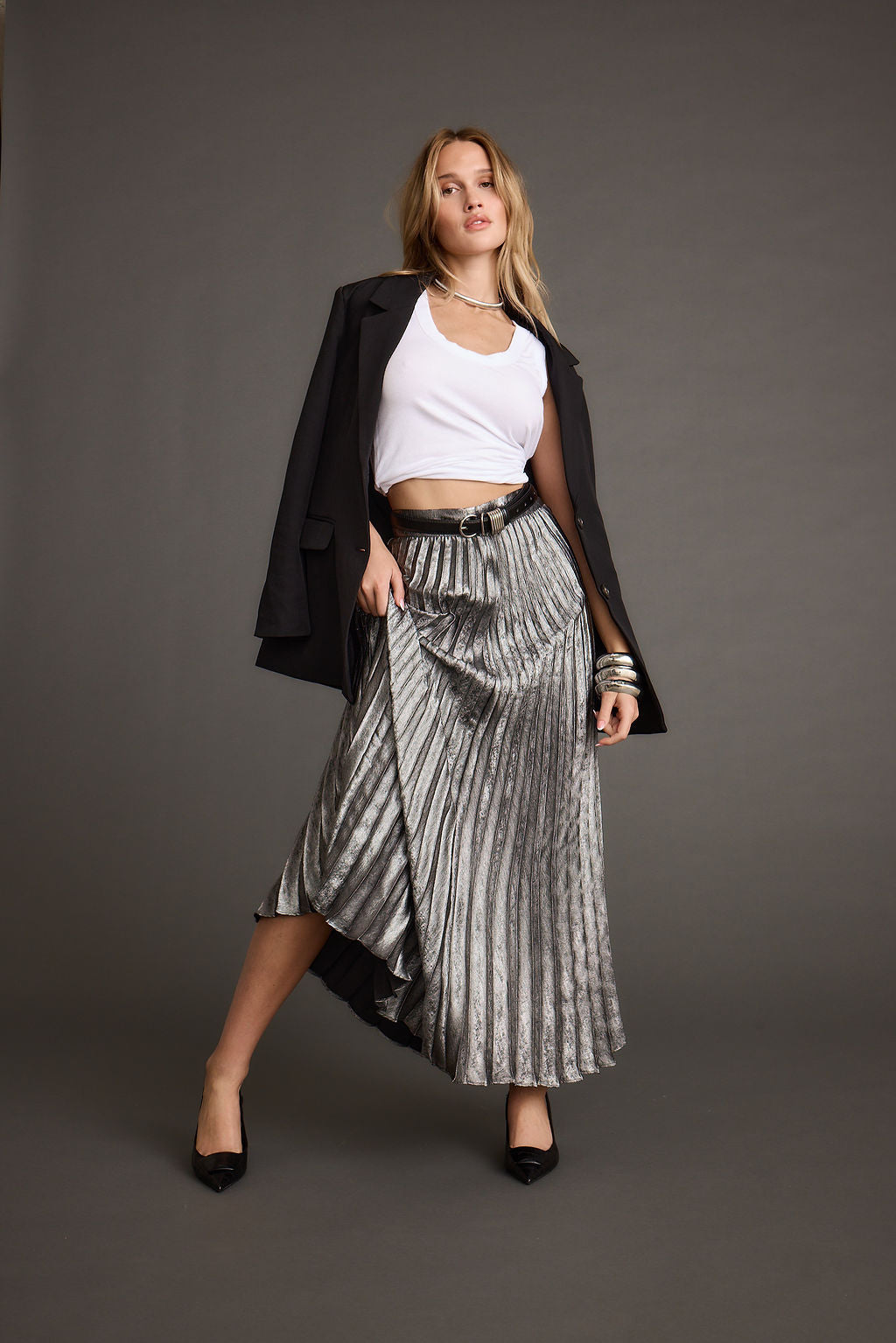 Electric Love Gunmetal Metallic Pleated Maxi Skirt