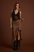 Evanna Brown High Low Ruffle Mesh Maxi Skirt