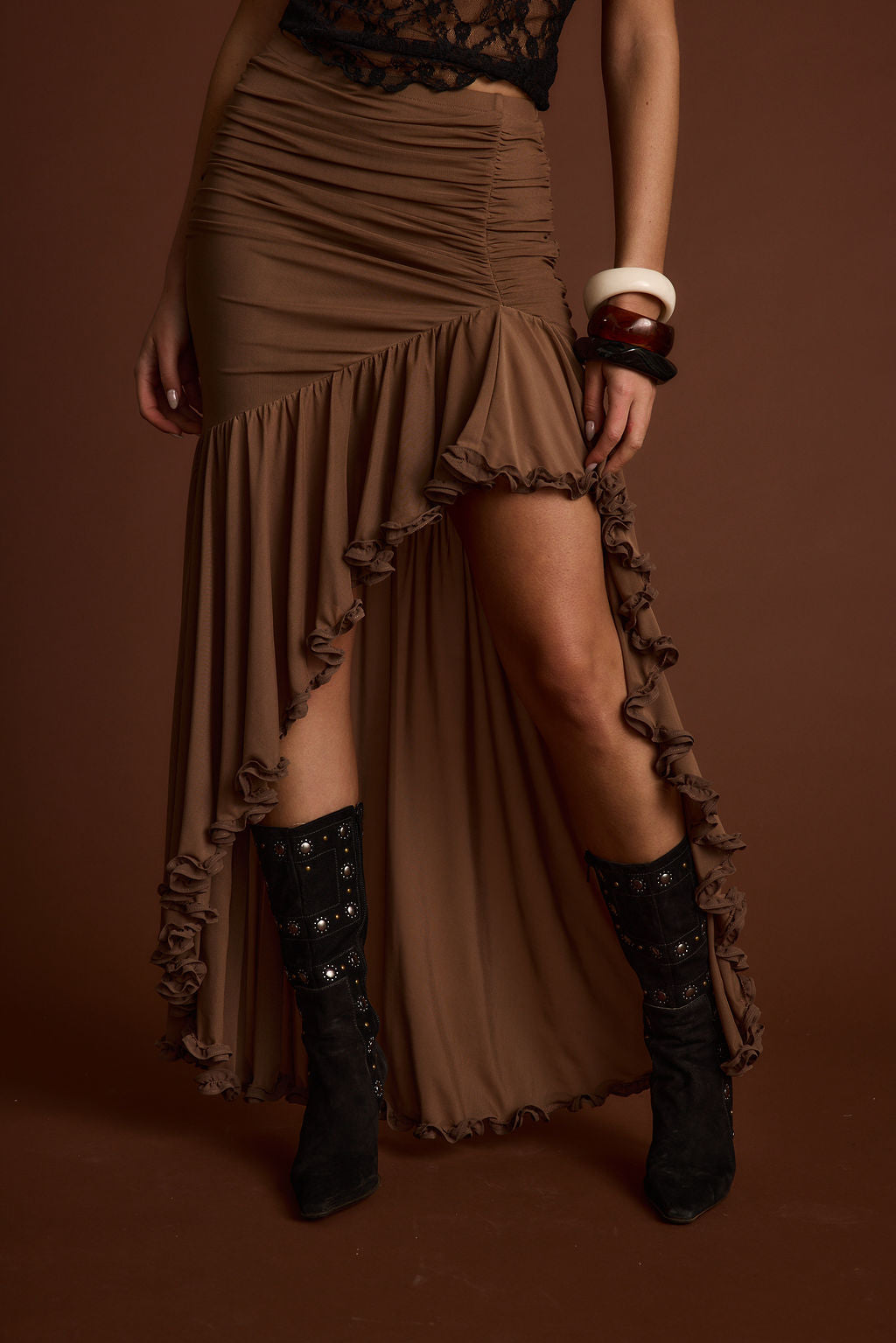 Evanna Brown High Low Ruffle Mesh Maxi Skirt