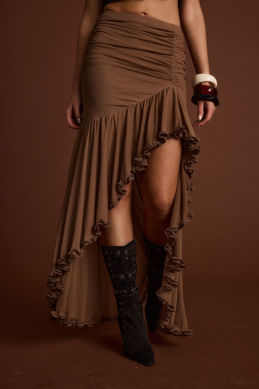 Evanna Brown High Low Ruffle Mesh Maxi Skirt