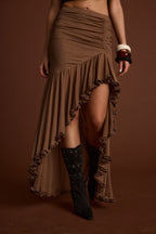 Evanna Brown High Low Ruffle Mesh Maxi Skirt