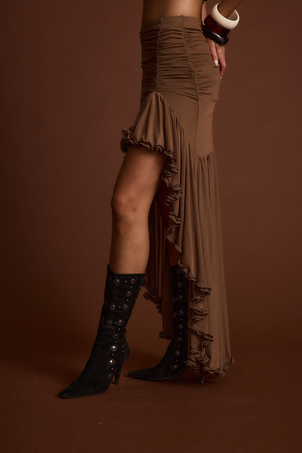 Evanna Brown High Low Ruffle Mesh Maxi Skirt